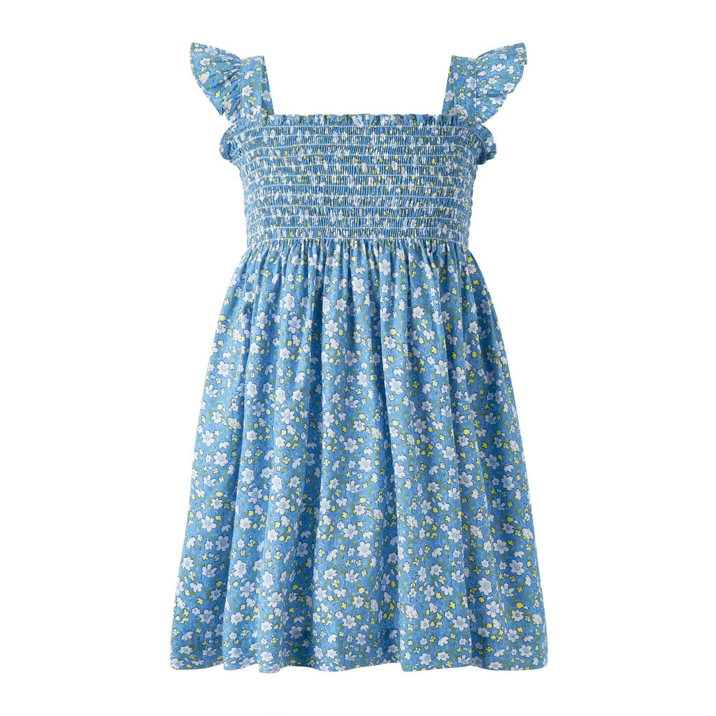 Girls' blue floral ruffle strap smocked dress