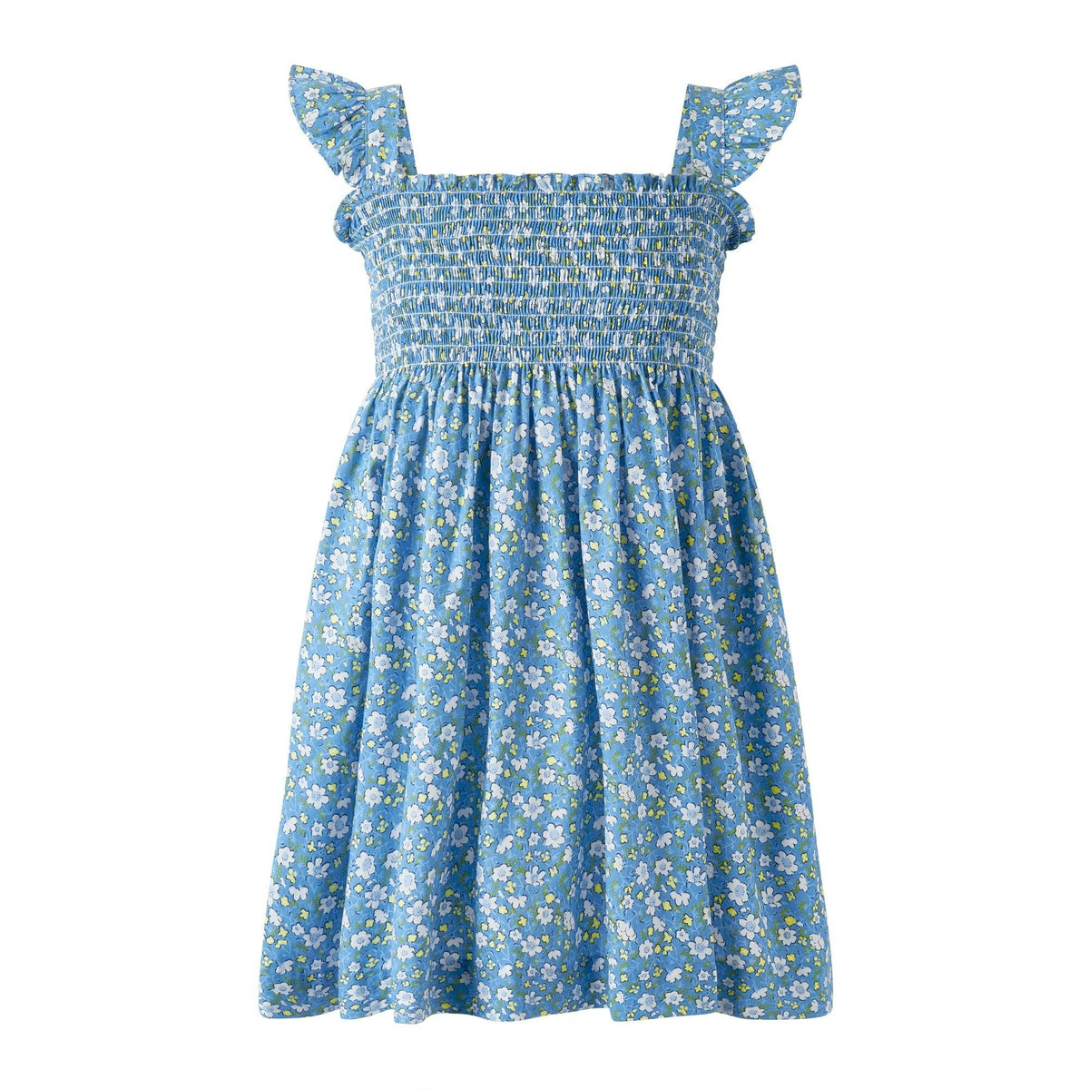Girls' blue floral ruffle strap smocked dress
