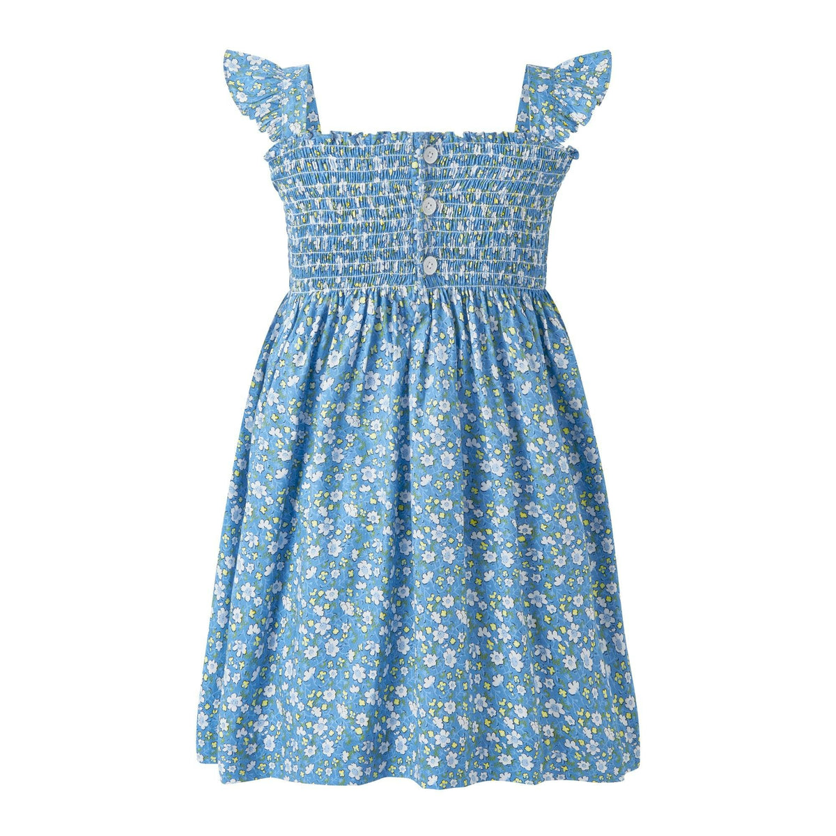 Girls' blue floral ruffle strap smocked dress