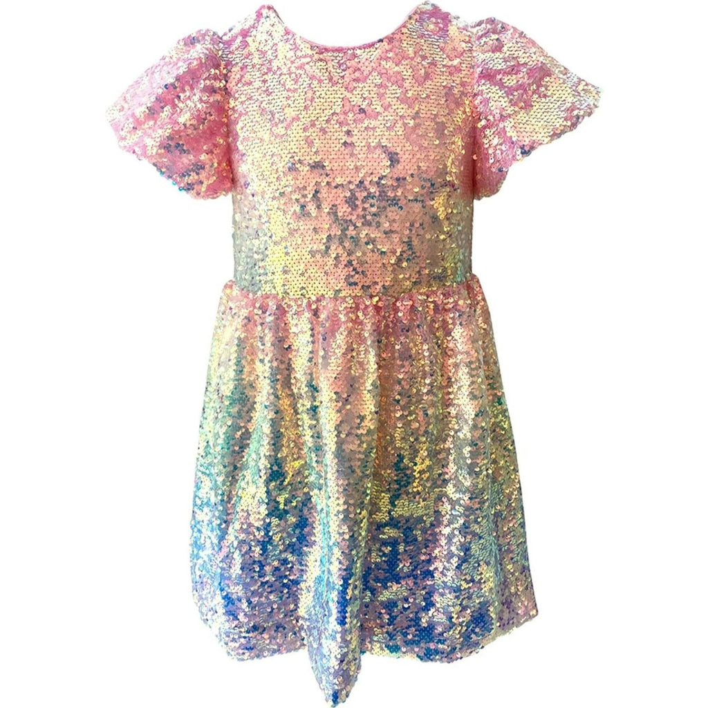 Girls' ombré rainbow sequin short sleeve flared dress