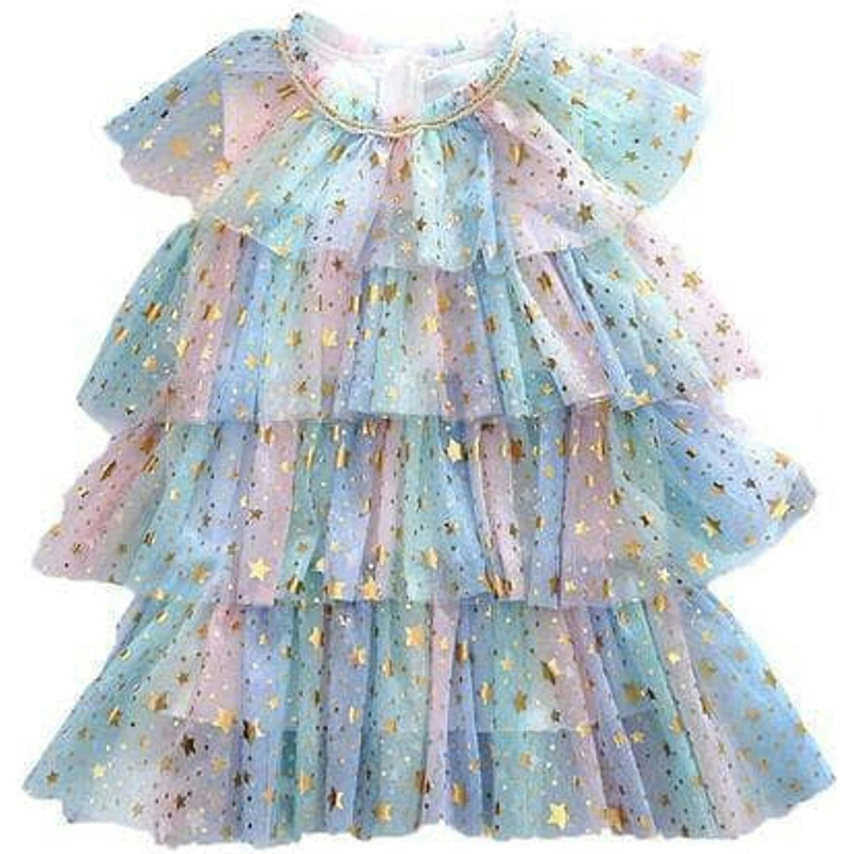 Girls' shimmering multi layer star ruffled tulle dress