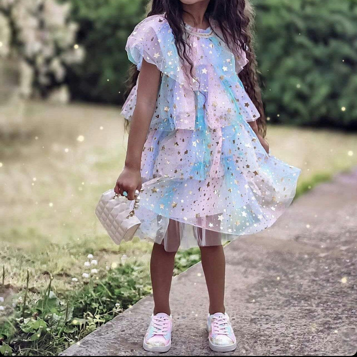 Girls' shimmering multi layer star ruffled tulle dress