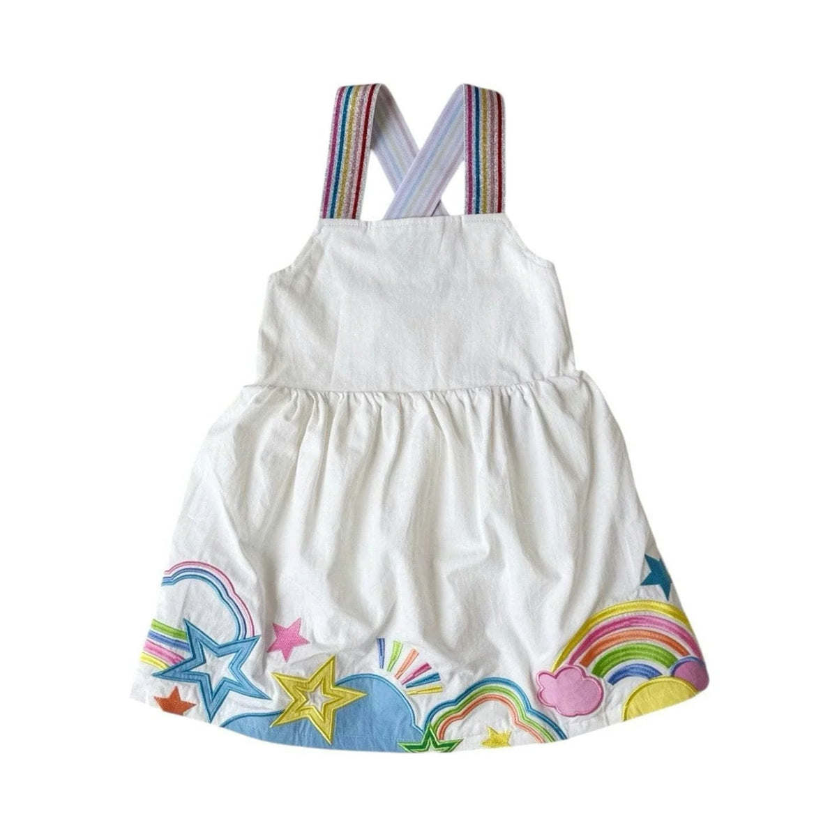 Girls' white dress with rainbow straps and star embroidery