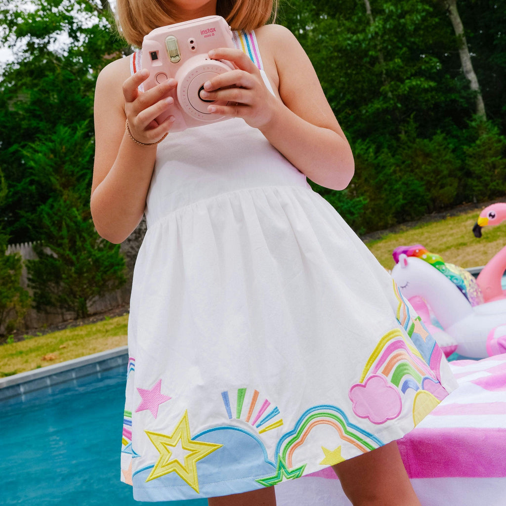 Girls' white dress with rainbow straps and star embroidery